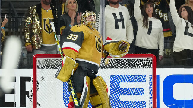 LAS VEGAS, NEVADA - JUNE 05: Adin Hill #33 of the Vegas Golden Knights is seen in net during the third period against the Florida Panthers in Game Two of the 2023 NHL Stanley Cup Final at T-Mobile Arena on June 05, 2023 in Las Vegas, Nevada.