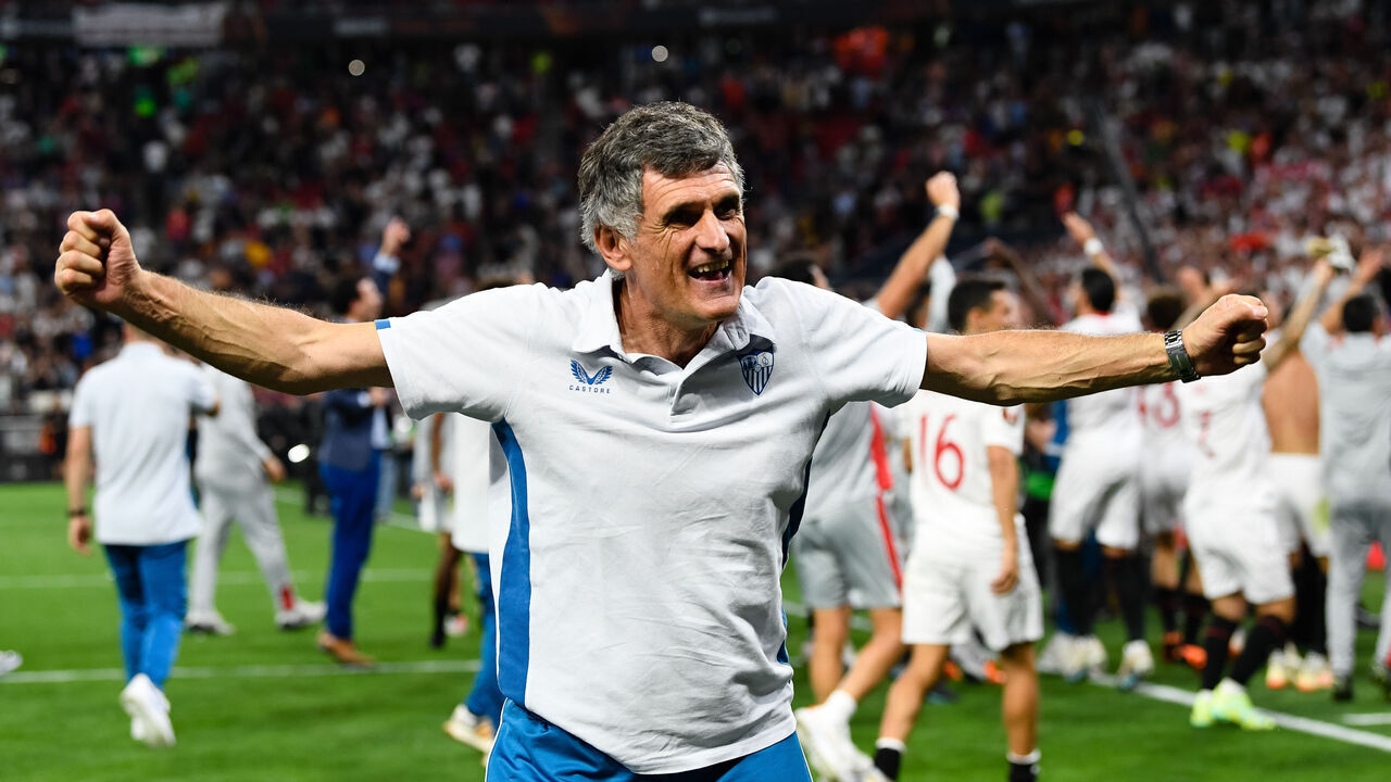Jose Luis Mendilibar celebrating during UEFA Europa League Final 2023: Sevilla vs Roma, disputed on Puskas Arena, Budapest, 31 May 2023