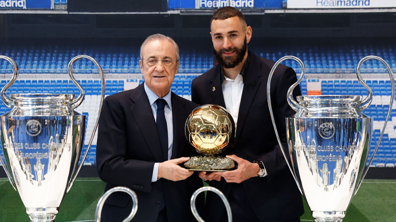 MADRID, SPAIN - JUNE 06: Karim Benzzema and Florentino Perez at Real Madrid Tribute and Farewell to Karim Benzema at Valdebebas on June 06, 2023 in Madrid, Spain.