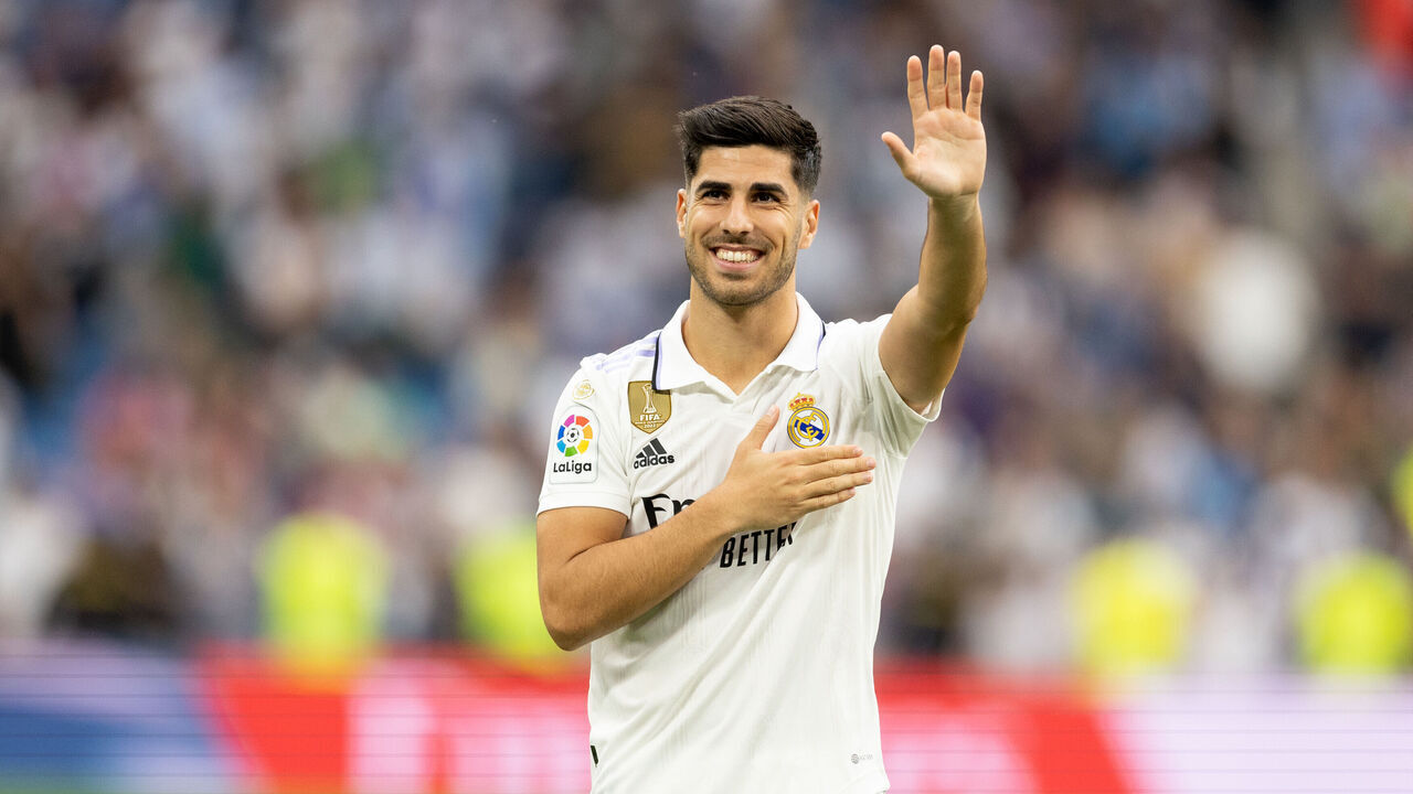 MADRID, SPAIN - JUNE 04: Marco Asensio of Real Madrid acknowledges the fan following the LaLiga Santander match between Real Madrid CF and Athletic Club at Estadio Santiago Bernabeu on June 04, 2023 in Madrid, Spain.