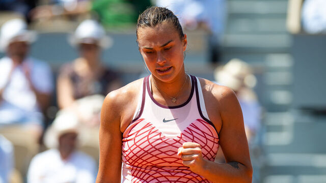 PARIS, FRANCE - JUNE 06: Aryna Sabalenka reacts against Elina Svitolina of Ukraine in the quarter-final on Day Ten of Roland Garros on June 06, 2023 in Paris, France