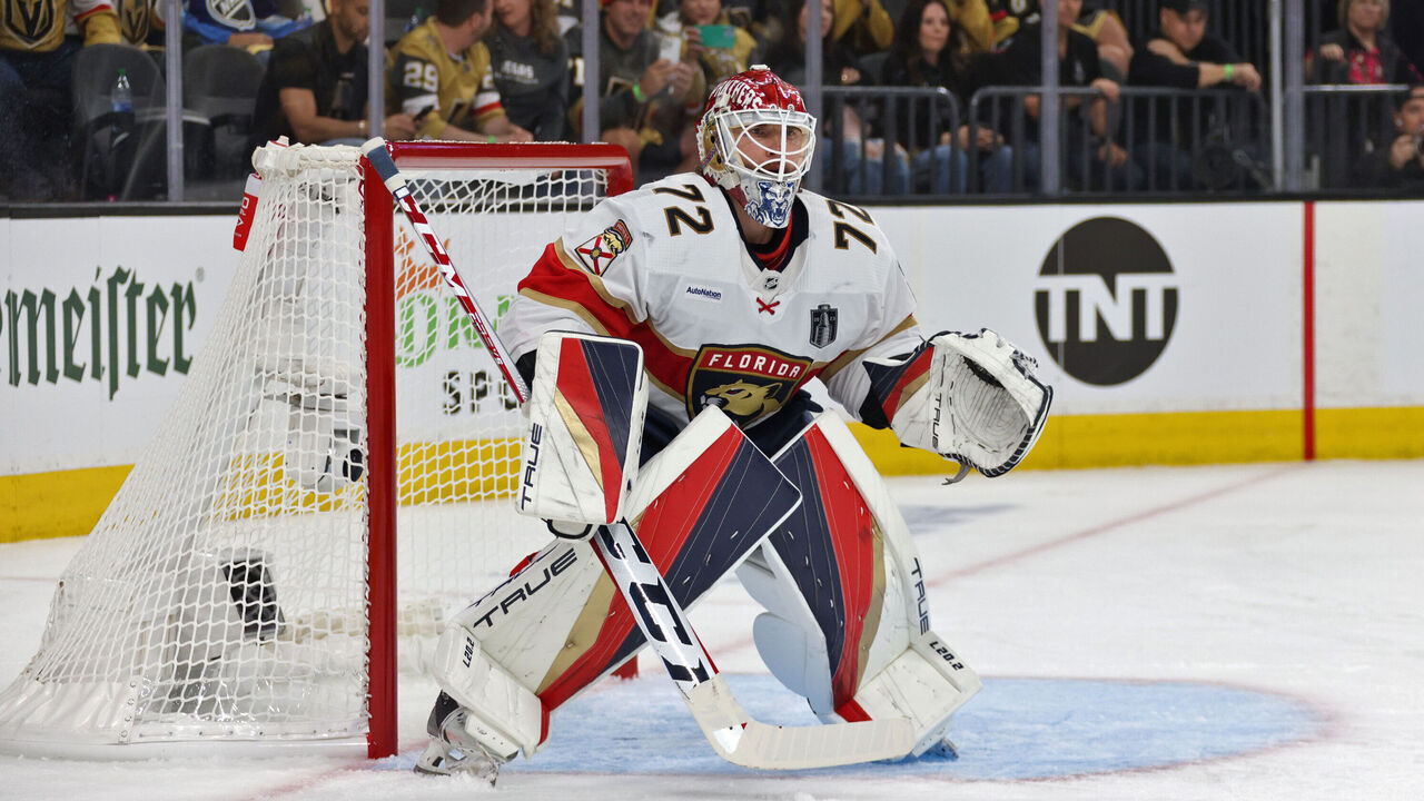 LAS VEGAS, NEVADA - JUNE 03: Goaltender Sergei Bobrovsky #72 of the Florida Panthers defends his net during the first period of Game One of the 2023 NHL Stanley Cup Final between the Florida Panthers and the Vegas Golden Knights at T-Mobile Arena on June 03, 2023 in Las Vegas, Nevada.