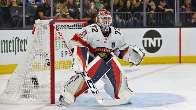 LAS VEGAS, NEVADA - JUNE 03: Goaltender Sergei Bobrovsky #72 of the Florida Panthers defends his net during the first period of Game One of the 2023 NHL Stanley Cup Final between the Florida Panthers and the Vegas Golden Knights at T-Mobile Arena on June 03, 2023 in Las Vegas, Nevada.