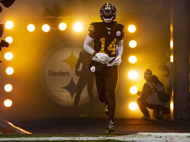 PITTSBURGH, PA - NOVEMBER 20: Pittsburgh Steelers wide receiver George Pickens (14) is announced during the national football league game between the Cincinnati Bengals and the Pittsburgh Steelers on November 20, 2022 at Acrisure Stadium in Pittsburgh, PA.