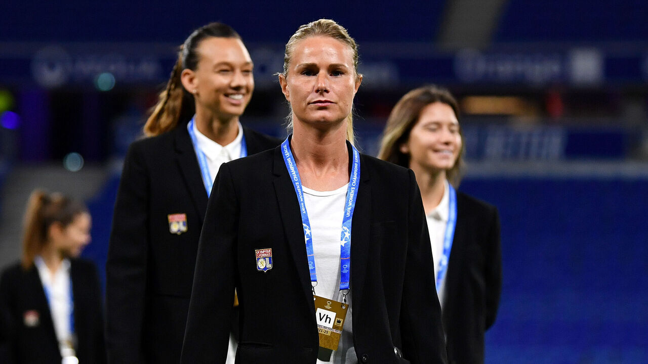 LYON, FRANCE - OCTOBER 19: Amandine Henry of Olympique Lyonnais inspects the pitch prior to the UEFA Women's Champions League group C match between Olympique Lyon and Arsenal at Groupama Stadium on October 19, 2022 in Lyon, France.