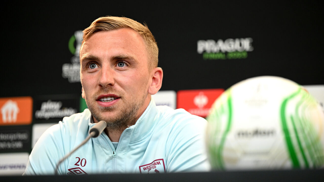 PRAGUE, CZECH REPUBLIC - JUNE 06: Jarrod Bowen of West Ham United talks to the media during a Press Conference prior to the UEFA Europa Conference League 2022/23 final match between ACF Fiorentina and West Ham United FC on June 06, 2023 at Eden Arena in Prague, Czech Republic.