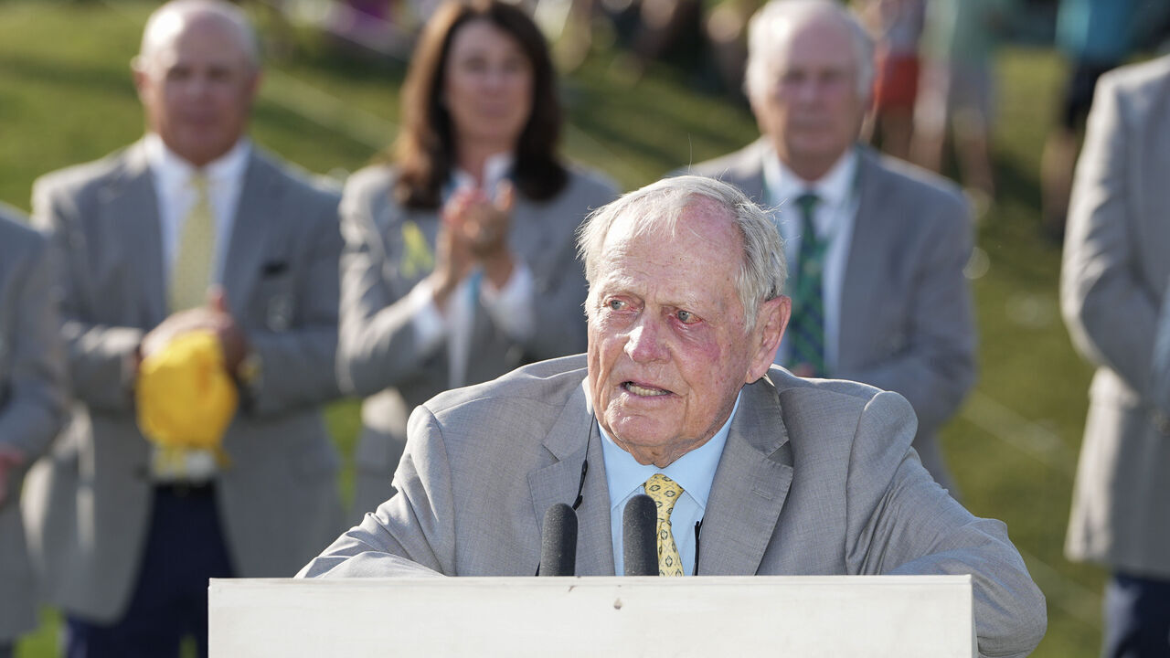 DUBLIN, OHIO - JUNE 04: Jack Nicklaus speaks during the trophy ceremony after the final round of the Memorial Tournament presented by Workday at Muirfield Village Golf Club on June 04, 2023 in Dublin, Ohio.