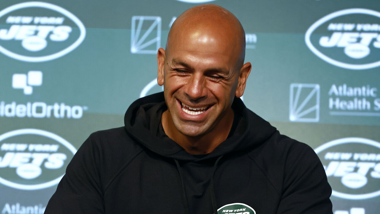 FLORHAM PARK, NEW JERSEY - JUNE 6: Head coach Robert Saleh of the New York Jets talks to reporters before the team's OTAs at Atlantic Health Jets Training Center on June 6, 2023 in Florham Park, New Jersey.