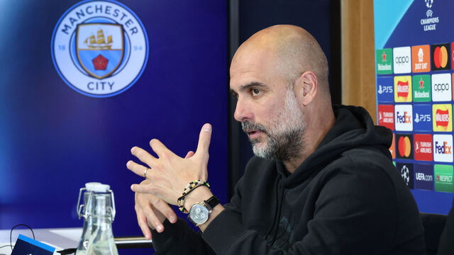 MANCHESTER, ENGLAND - JUNE 06: Pep Guardiola the manager of Manchester City faces the media at a press conference during their UEFA Champions League Media Day at Manchester City Football Academy on June 06, 2023 in Manchester, England.