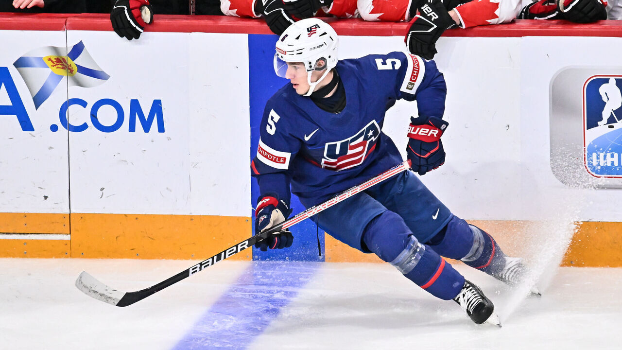 HALIFAX, CANADA - JANUARY 04: Gavin Brindley #5 of Team United States skates during the first period against Team Canada in the semifinal round of the 2023 IIHF World Junior Championship at Scotiabank Centre on January 4, 2023 in Halifax, Nova Scotia, Canada. Team Canada defeated Team United States 6-2.