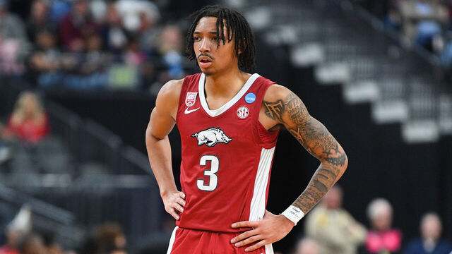 LAS VEGAS, NV - MARCH 24: Arkansas Razorbacks guard Nick Smith Jr. (3) looks on during the NCAA Division I Men's Championship Sweet Sixteen round basketball game between the Arkansas Razorbacks and the UConn Huskies on March 24, 2023 at T-Mobile Arena in Las Vegas, NV.