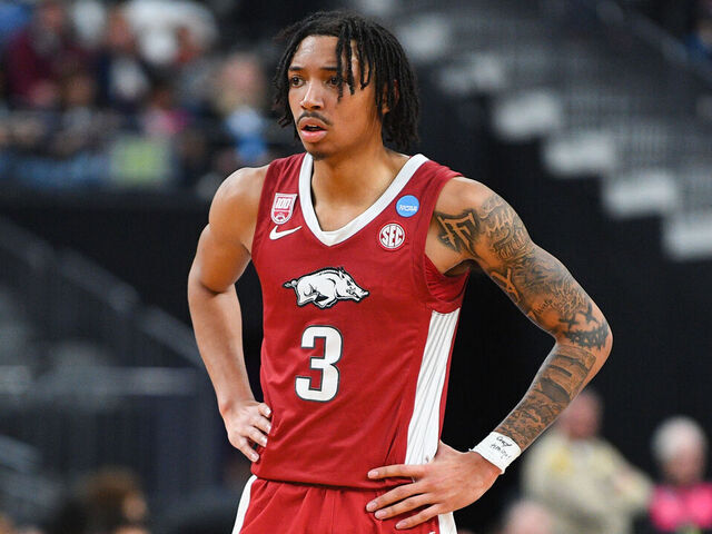 LAS VEGAS, NV - MARCH 24: Arkansas Razorbacks guard Nick Smith Jr. (3) looks on during the NCAA Division I Men's Championship Sweet Sixteen round basketball game between the Arkansas Razorbacks and the UConn Huskies on March 24, 2023 at T-Mobile Arena in Las Vegas, NV.