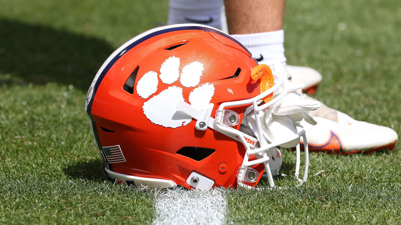 CLEMSON, SC - APRIL 15: A Clemson football helmet during the Clemson Tigers Orange and White annual inner squad college football game played on April 15, 2023 at Clemson Memorial Stadium in Clemson, S.C.