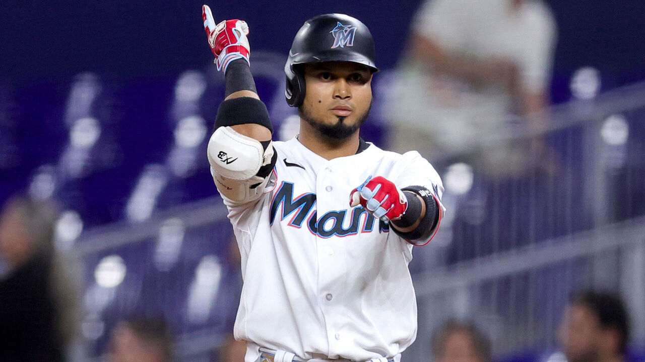 MIAMI, FLORIDA - JUNE 06: Luis Arraez #3 of the Miami Marlins reacts after hitting a RBI single against the Kansas City Royals during the fifth inning at loanDepot park on June 06, 2023 in Miami, Florida.
