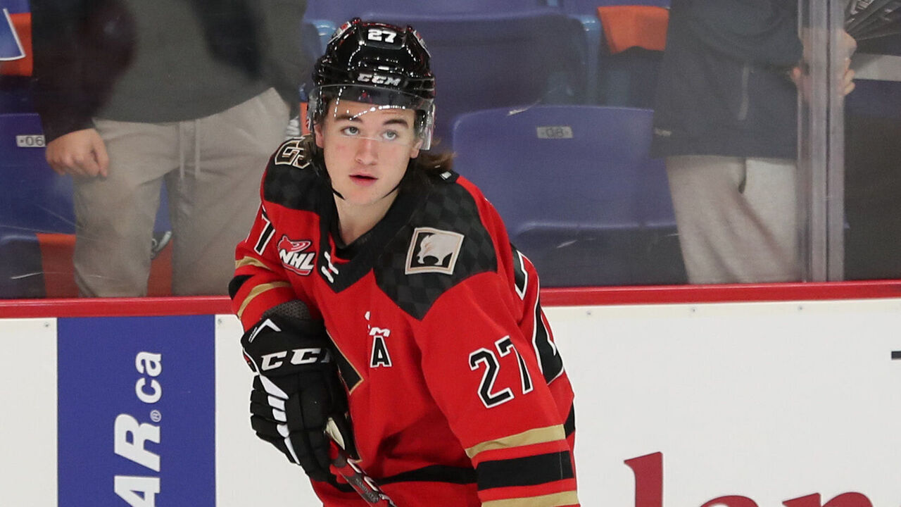 LANGLEY, BRITISH COLUMBIA - JANUARY 25: Forward Riley Heidt #27 of the Prince George Cougars skates for Team Red during the 2023 Kubota CHL Top Prospects Game at the Langley Events Centre on January 25, 2023 in Langley, British Columbia.