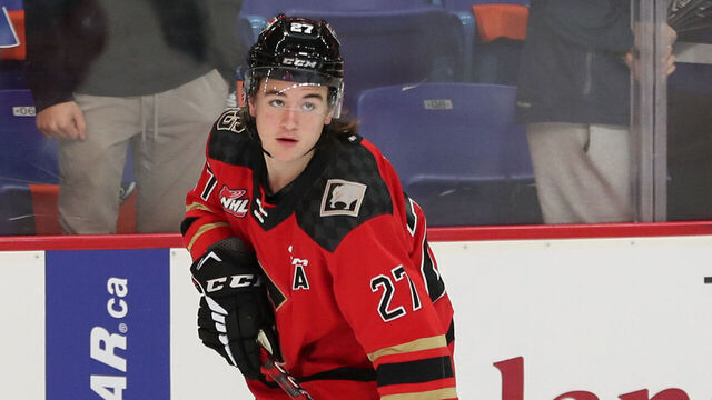 LANGLEY, BRITISH COLUMBIA - JANUARY 25: Forward Riley Heidt #27 of the Prince George Cougars skates for Team Red during the 2023 Kubota CHL Top Prospects Game at the Langley Events Centre on January 25, 2023 in Langley, British Columbia.