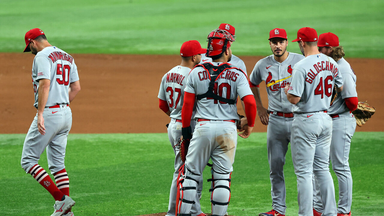 ARLINGTON, TEXAS - JUNE 05: Adam Wainwright #50 of the St. Louis Cardinals walks off the mound as he is relieved in the sixth inning against the Texas Rangers at Globe Life Field on June 05, 2023 in Arlington, Texas.