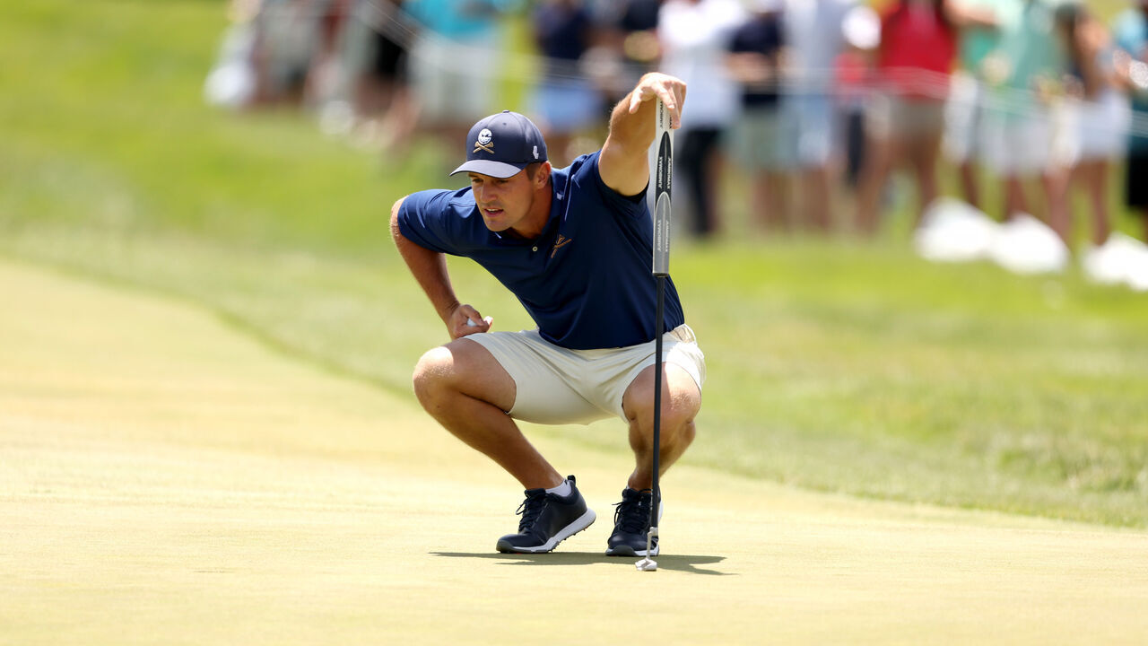 STERLING, VIRGINIA - MAY 26: Bryson DeChambeau of Crushers GC lines up a putt on the second green during day one of the LIV Golf Invitational - DC at Trump National Golf Club on May 26, 2023 in Sterling, Virginia.