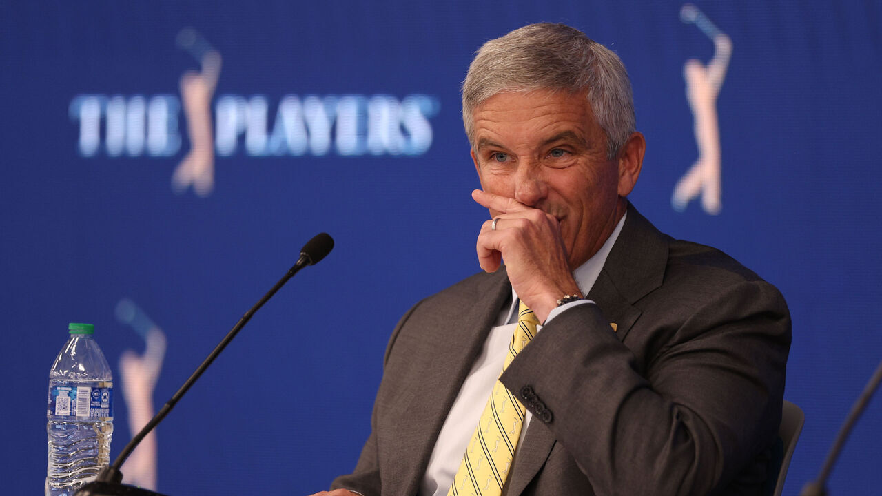 PONTE VEDRA BEACH, FLORIDA - MARCH 07: Jay Monahan, Commissioner of the PGA Tour speaks to the media in a press conference prior to THE PLAYERS Championship on THE PLAYERS Stadium Course at TPC Sawgrass on March 07, 2023 in Ponte Vedra Beach, Florida.