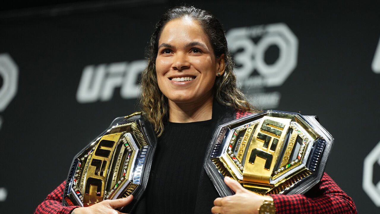NEWARK, NEW JERSEY - MAY 05: Two-division champion Amanda Nunes is seen on stage during the UFC 289 press conference at Prudential Center on May 05, 2023 in Newark, New Jersey.