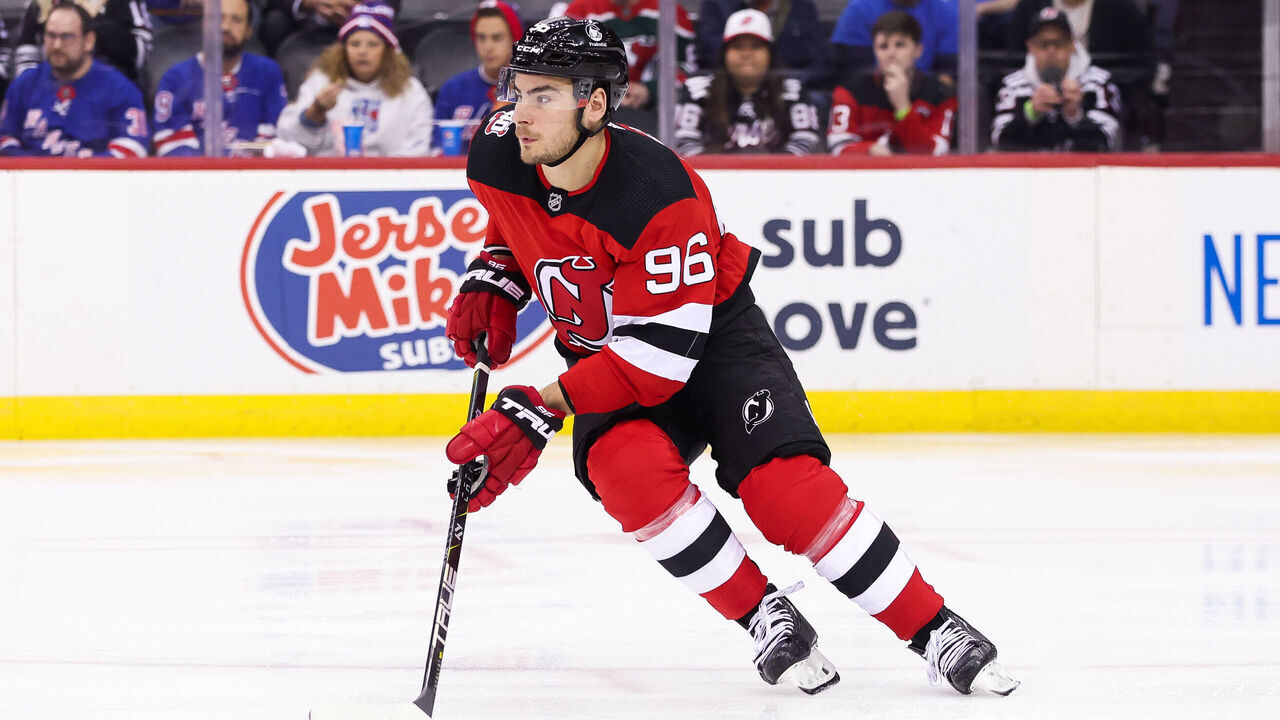 NEWARK, NJ - APRIL 27: New Jersey Devils right wing Timo Meier (96) skates with the puck during the National Hockey League game between the New York Rangers and the New Jersey Devils on April 27, 2023 at Prudential Center in Newark, NJ.