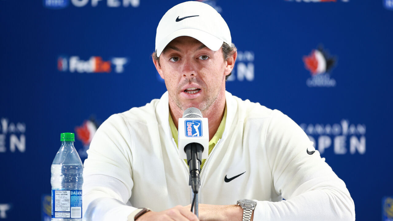 TORONTO, CANADA - JUNE 07: Rory McIlroy of Northern Ireland speaks to the media after playing in the Pro-Am of the RBC Canadian Open at Oakdale Golf and Country Club on June 07, 2023 in Toronto, Ontario, Canada.