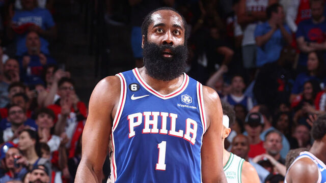PHILADELPHIA, PA - MAY 11: James Harden #1 of the Philadelphia 76ers looks on during the game during round two game six of the 2023 NBA Playoffs on on May 11, 2023 at the Wells Fargo Center in Philadelphia, Pennsylvania NOTE TO USER: User expressly acknowledges and agrees that, by downloading and/or using this Photograph, user is consenting to the terms and conditions of the Getty Images License Agreement. Mandatory Copyright Notice: Copyright 2023 NBAE