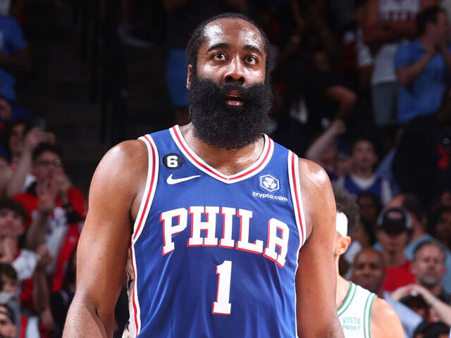 PHILADELPHIA, PA - MAY 11: James Harden #1 of the Philadelphia 76ers looks on during the game during round two game six of the 2023 NBA Playoffs on on May 11, 2023 at the Wells Fargo Center in Philadelphia, Pennsylvania NOTE TO USER: User expressly acknowledges and agrees that, by downloading and/or using this Photograph, user is consenting to the terms and conditions of the Getty Images License Agreement. Mandatory Copyright Notice: Copyright 2023 NBAE