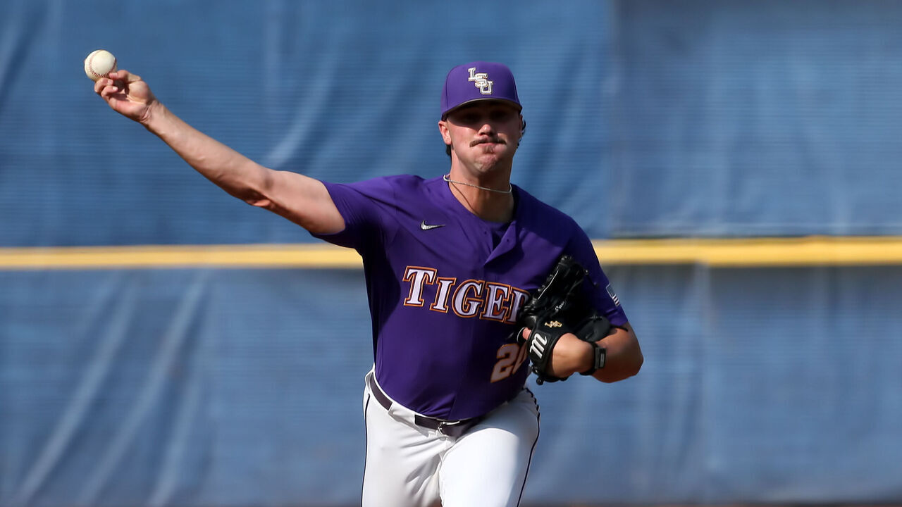HOOVER, AL - MAY 25: LSU Tigers pitcher Paul Skenes (20) during the 2023 SEC Baseball Tournament game between the Arkansas Razorbacks and the LSU Tigers on May 25, 2023 at Hoover Metropolitan Stadium in Hoover, Alabama.