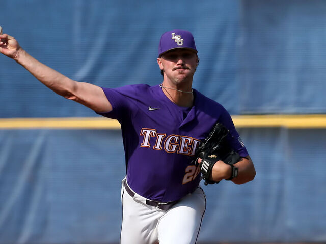 HOOVER, AL - MAY 25: LSU Tigers pitcher Paul Skenes (20) during the 2023 SEC Baseball Tournament game between the Arkansas Razorbacks and the LSU Tigers on May 25, 2023 at Hoover Metropolitan Stadium in Hoover, Alabama.