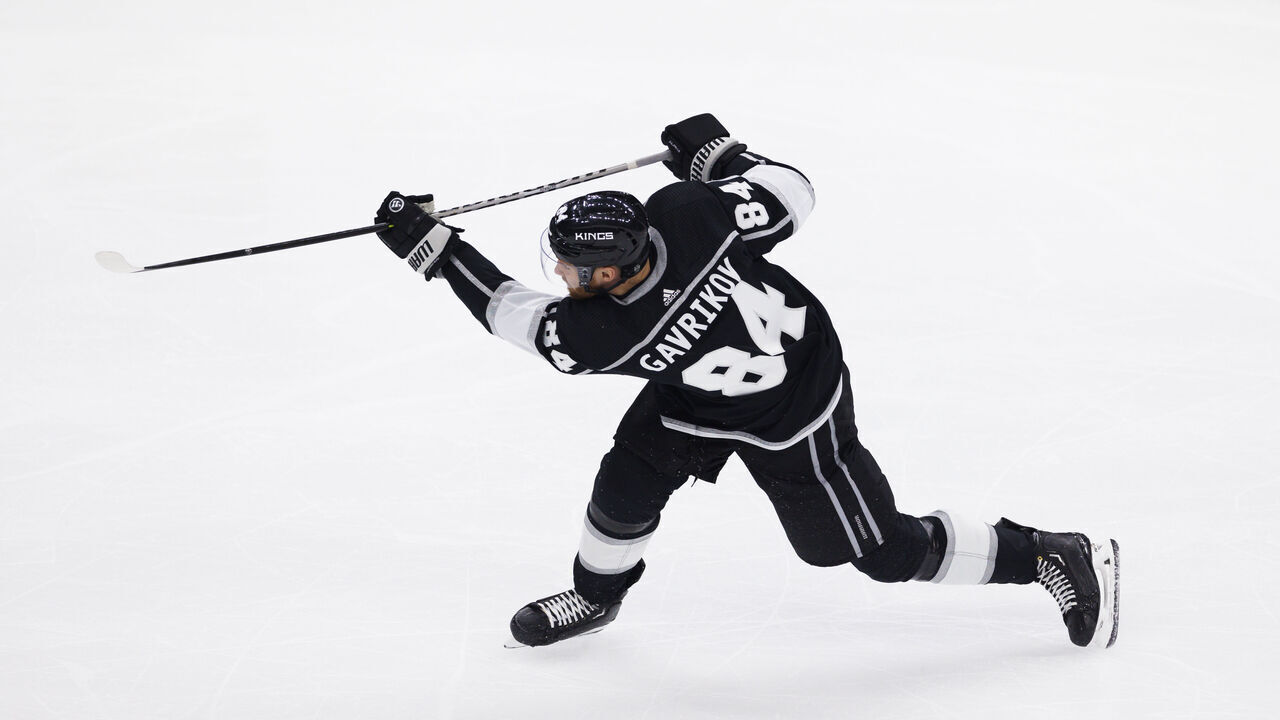 LOS ANGELES, CA - APRIL 23: Los Angeles Kings defenseman Vladislav Gavrikov (84) shoots during an NHL First Round Western Conference Playoff game between the Edmonton Oilers and the Los Angeles Kings on April 23, 2023, at the Crypto.com Arena in Los Angeles, CA.