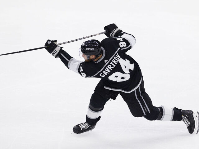 LOS ANGELES, CA - APRIL 23: Los Angeles Kings defenseman Vladislav Gavrikov (84) shoots during an NHL First Round Western Conference Playoff game between the Edmonton Oilers and the Los Angeles Kings on April 23, 2023, at the Crypto.com Arena in Los Angeles, CA.