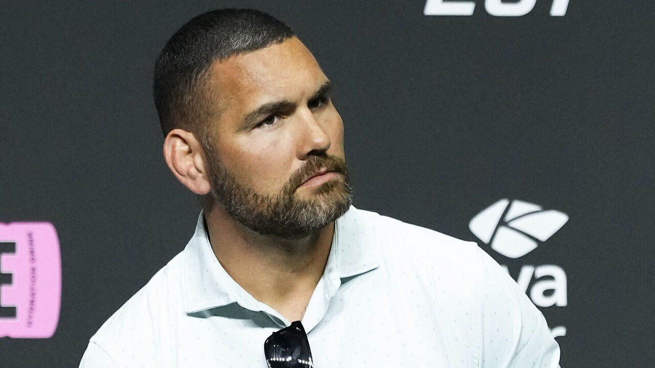 MIAMI, FLORIDA - APRIL 07: Former UFC middleweight champion Chris Weidman is seen on stage during a Q&A session prior to the UFC 287 ceremonial weigh-in at Kaseya Center on April 07, 2023 in Miami, Florida.