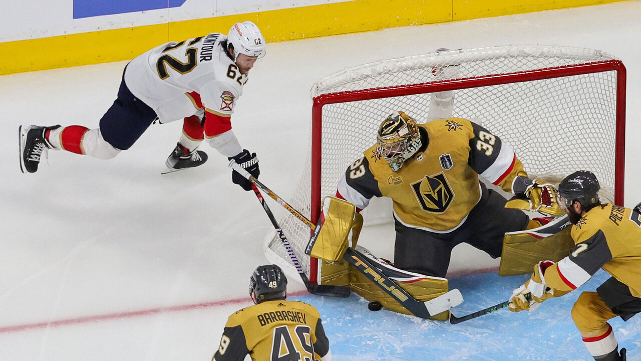 LAS VEGAS, NEVADA - JUNE 05: Adin Hill #33 of the Vegas Golden Knights blocks a shot by Brandon Montour #62 of the Florida Panthers in the second period of Game Two of the 2023 NHL Stanley Cup Final at T-Mobile Arena on June 05, 2023 in Las Vegas, Nevada. The Golden Knights defeated the Panthers 7-2.