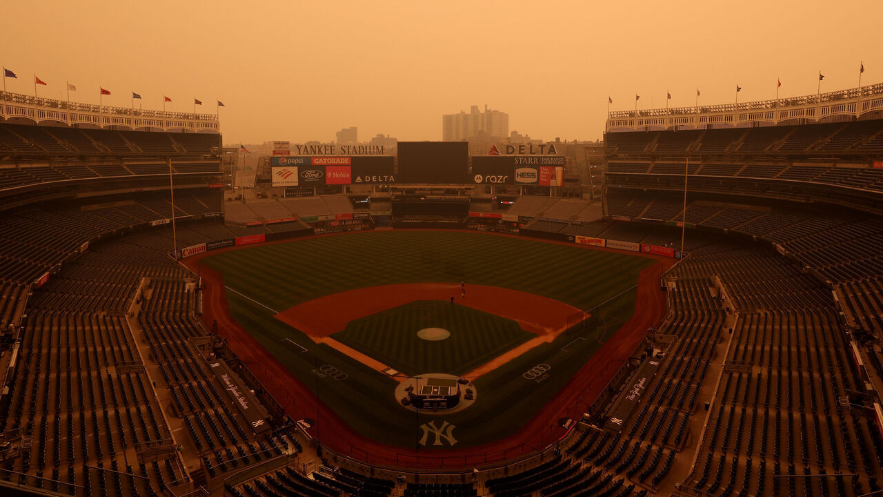 NEW YORK, NY - JUNE 7: A general view of hazy conditions resulting from Canadian wildfires at Yankee Stadium before the game between the Chicago White Sox and the New York Yankees on June 7, 2023, in New York, New York.