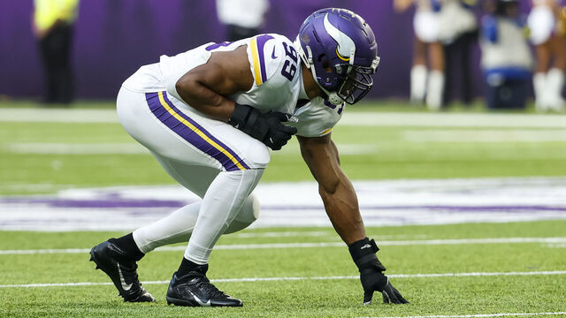 MINNEAPOLIS, MN - DECEMBER 24: Danielle Hunter #99 of the Minnesota Vikings readies for the play against the New York Giants in the second quarter of the game at U.S. Bank Stadium on December 24, 2022 in Minneapolis, Minnesota. The Vikings defeated the Giants 27-24.