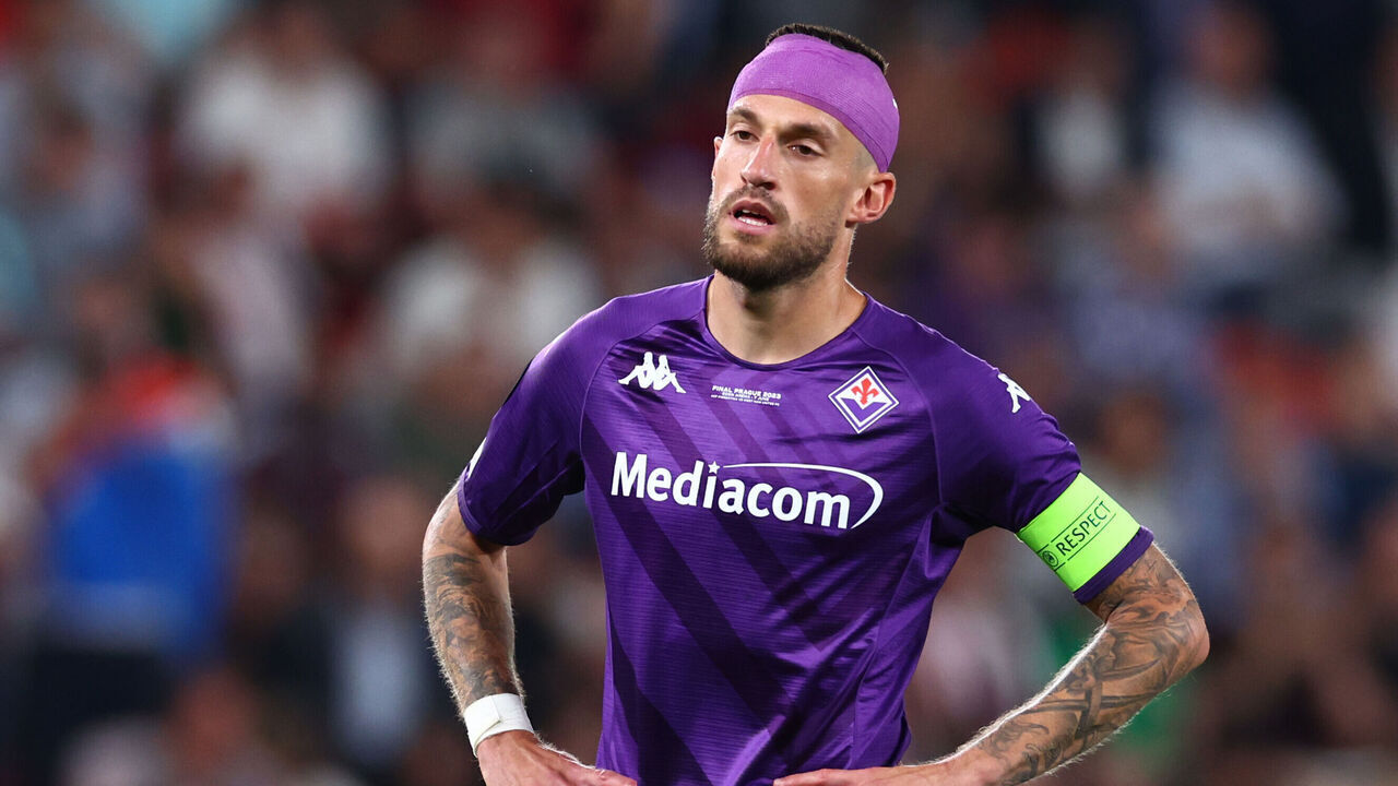 PRAGUE, CZECH REPUBLIC - JUNE 7: Cristiano Biraghi of Fiorentina reacts during the UEFA Europa Conference League 2022/23 final match between ACF Fiorentina and West Ham United FC at Eden Arena on June 7, 2023 in Prague, Czech Republic.