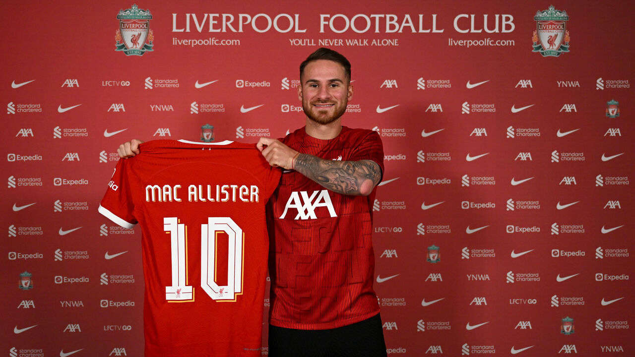 KIRKBY, ENGLAND - JUNE 08: (THE SUN OUT, THE SUN ON SUNDAY OUT) Alexis Mac Allister signing for Liverpool Football Club at AXA Training Centre on June 08, 2023 in Kirkby, England.