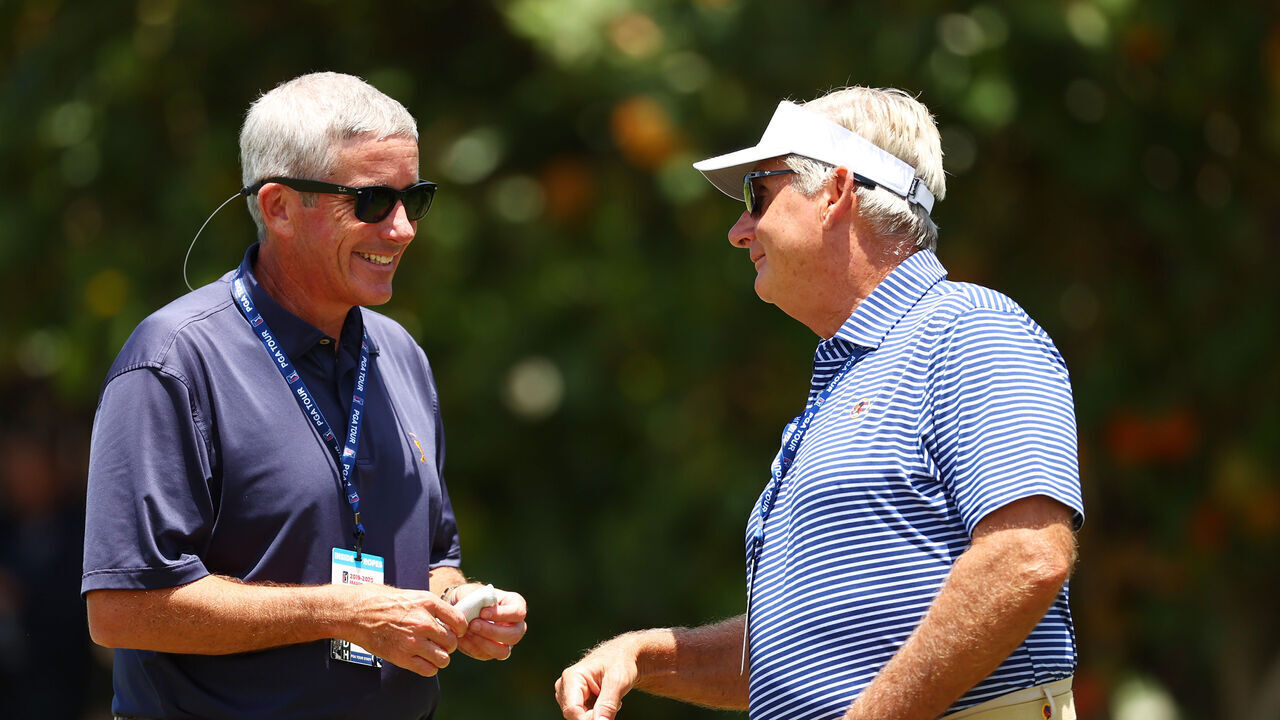 JUNO BEACH, FLORIDA - MAY 17: PGA Tour Commissioner Jay Monahan speaks to President of Seminole Golf Club Jimmy Dunne prior to the TaylorMade Driving Relief Supported By UnitedHealth Group on May 17, 2020 at Seminole Golf Club in Juno Beach, Florida.