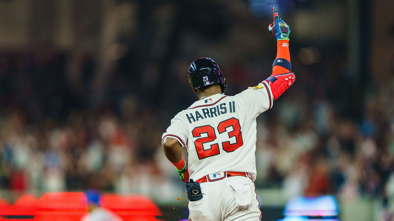 ATLANTA, GA - JUNE 7: Michael Harris II #23 of the Atlanta Braves celebrates after hitting a home run during the eighth inning during the game against the New York Mets at Truist Park on June 7, 2023 in Atlanta, Georgia.