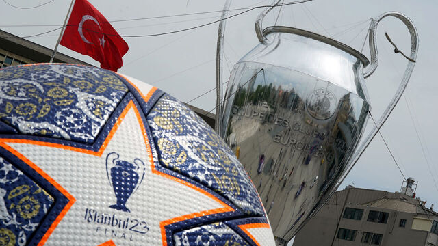 A giant football and replica trophy in a fan festival area in Istanbul ahead of Saturday's UEFA Champions League Final between Manchester City and Inter Milan. Picture date: Thursday June 8, 2023.