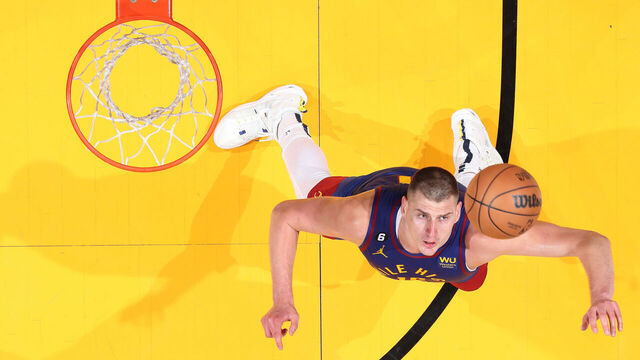 MIAMI, FL - JUNE 7: Nikola Jokic #15 of the Denver Nuggets looks for the rebound during Game Three of the 2023 NBA Finals against the Miami Heat on June 7, 2023 at Kaseya Center in Miami, Florida. Mandatory Copyright Notice: Copyright 2023 NBAE