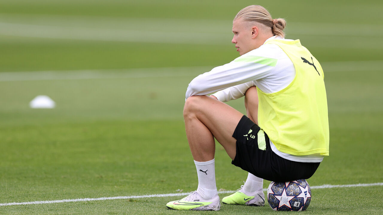 MANCHESTER, ENGLAND - JUNE 06: Erling Haaland of Manchester City looks on during a training session at their UEFA Champions League Media Day at Manchester City Football Academy on June 06, 2023 in Manchester, England.