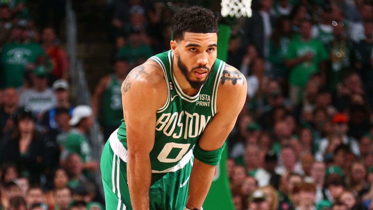 BOSTON, MA - MAY 29: Jayson Tatum #0 of the Boston Celtics looks on during Game Seven of the Eastern Conference Finals against the Miami Heat on May 29, 2023 at the TD Garden in Boston, Massachusetts. Mandatory Copyright Notice: Copyright 2023 NBAE