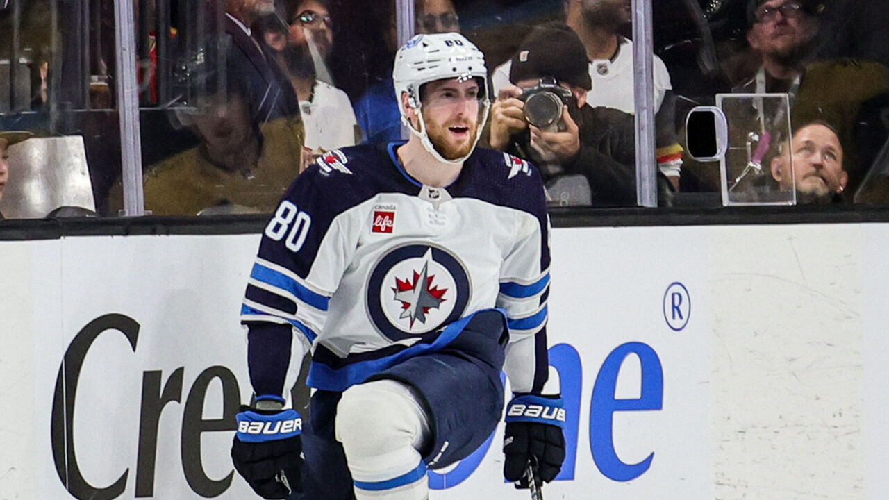 LAS VEGAS, NEVADA - APRIL 18: Pierre-Luc Dubois #80 of the Winnipeg Jets celebrates his second-period goal against the Vegas Golden Knights during of Game One of the First Round of the 2023 Stanley Cup Playoffs at T-Mobile Arena on April 18, 2023 in Las Vegas, Nevada.