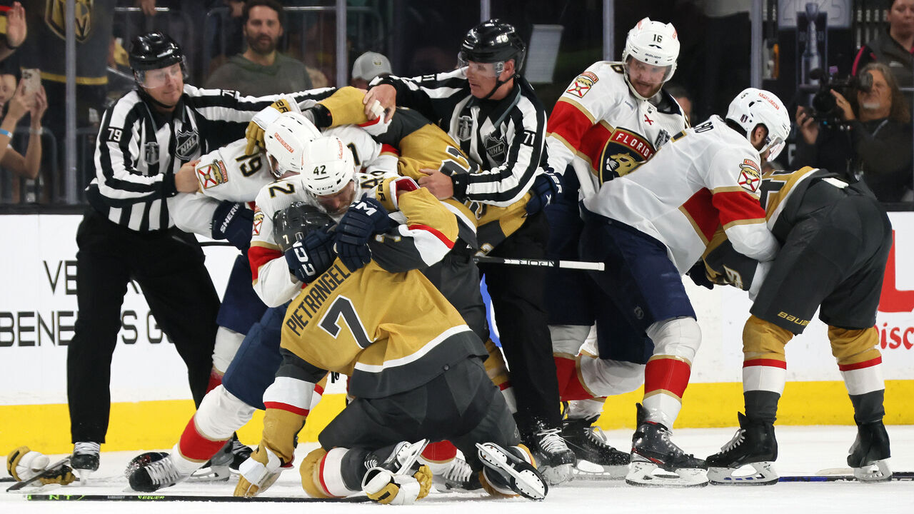 LAS VEGAS, NEVADA - JUNE 05: The Vegas Golden Knights and Florida Panthers mix it up after a hit by Matthew Tkachuk #19 on Jack Eichel #9 during the second period in Game Two of the 2023 NHL Stanley Cup Final at T-Mobile Arena on June 05, 2023 in Las Vegas, Nevada.