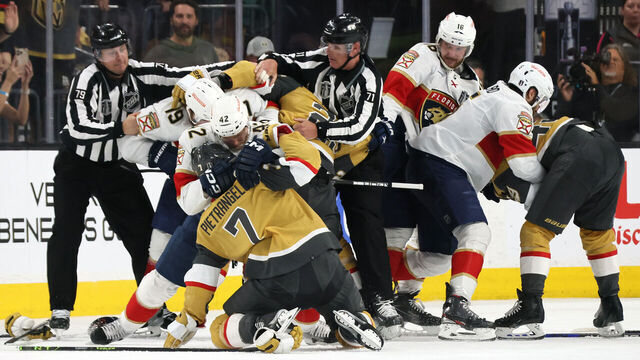 LAS VEGAS, NEVADA - JUNE 05: The Vegas Golden Knights and Florida Panthers mix it up after a hit by Matthew Tkachuk #19 on Jack Eichel #9 during the second period in Game Two of the 2023 NHL Stanley Cup Final at T-Mobile Arena on June 05, 2023 in Las Vegas, Nevada.