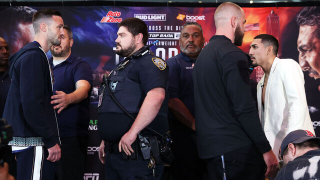 NEW YORK, NEW YORK - JUNE 08: Josh Taylor (L) and Teofimo Lopez (R) face-off during the press conference prior to their June 10 WBO junior welterweight championship fight at Chase Square at Madison Square Garden on June 08, 2023 in New York City.