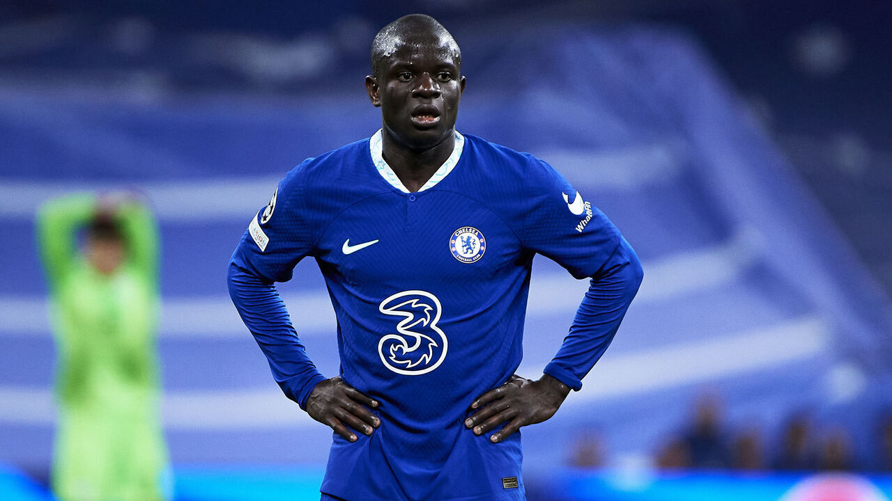 MADRID, SPAIN - APRIL 12: N'Golo Kante of Chelsea reacts during the UEFA Champions League quarterfinal first leg match between Real Madrid and Chelsea FC at Estadio Santiago Bernabeu on April 12, 2023 in Madrid, Spain.