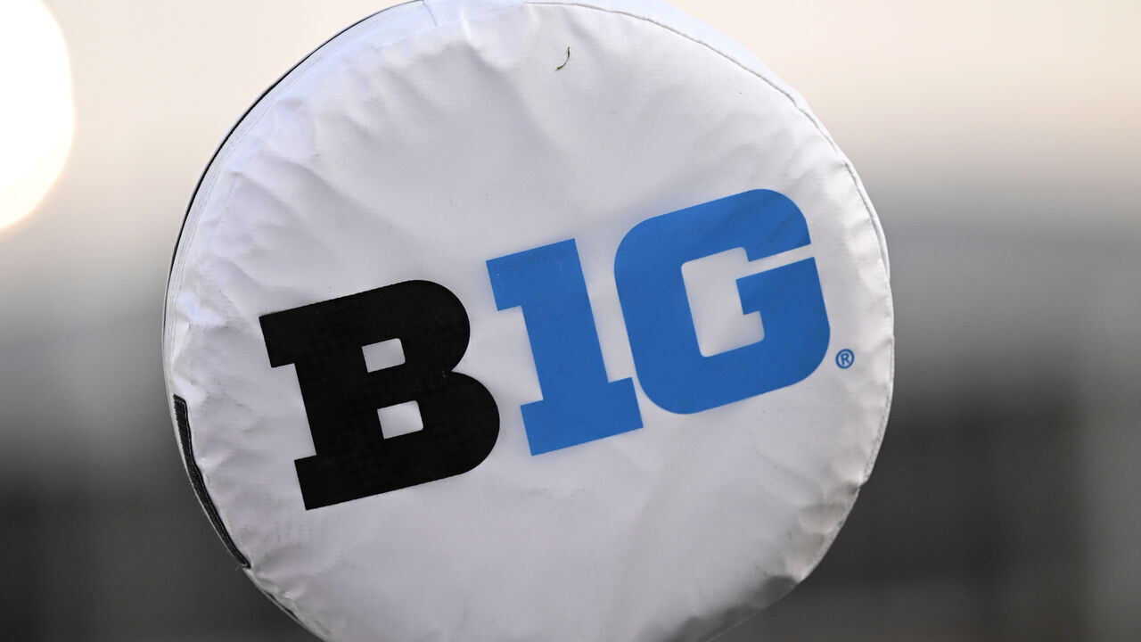 COLLEGE PARK, MARYLAND - NOVEMBER 19: The Big Ten logo on a yardage marker during the game between the Maryland Terrapins and the Ohio State Buckeyes at SECU Stadium on November 19, 2022 in College Park, Maryland.